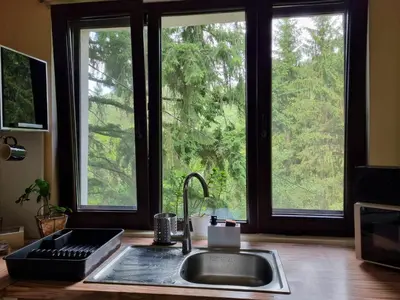 a kitchen with a sink and two large windows at 