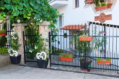 a black fence with potted plants on it at Ози 1 Допълнителна къща за гости in Ovchartsi