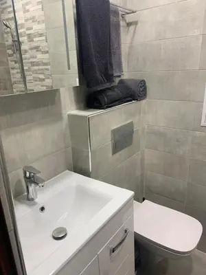 a bathroom with a white sink and a toilet at Pazardzhik suite home in Pazardzhik
