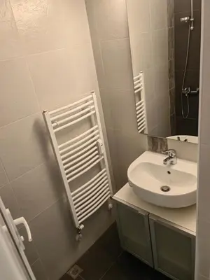 a bathroom with a white sink and a mirror at Vitosha 67 in Sofia