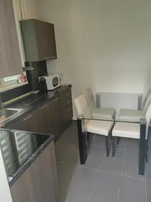 a kitchen with a table and two chairs and a sink at Vitosha 67 in Sofia