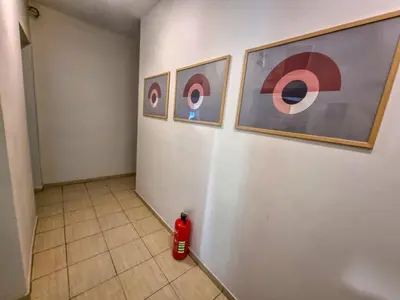 a fire hydrant in a hallway with paintings on the wall at Charming Studio in Sofia Center in Sofia