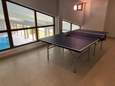 a ping pong table in a room with windows at Panorama Bansko in Bansko
