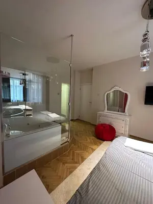 a bedroom with a tub and a bed and a mirror at Lux apartments Top center in Sofia