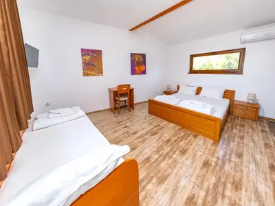 a bedroom with two beds and a wooden floor at Къща за приятели Недкови in Vasil Levski
