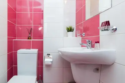 a pink bathroom with a sink and a toilet at Family Hotel Madrid in Sofia