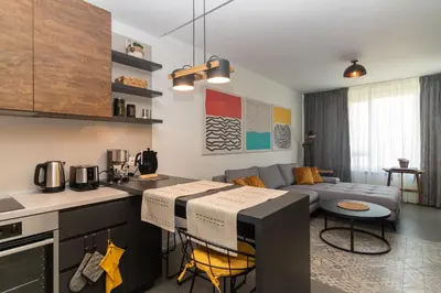 a kitchen and a living room with a couch at Contemporary Charm in Old Sofia in Sofia