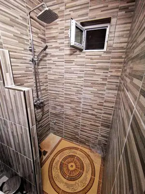 a bathroom with a shower with a tile wall at Студио за гости - Лили in Ognyanovo