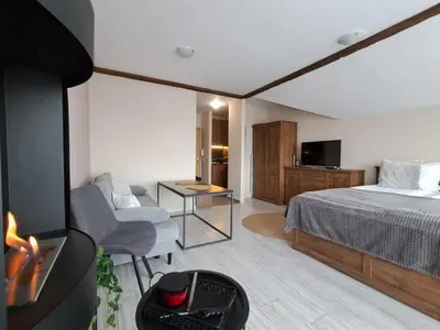 a bedroom with a bed and a couch and a tv at Premium StudioApartment in Borovets Gardens in Borovets