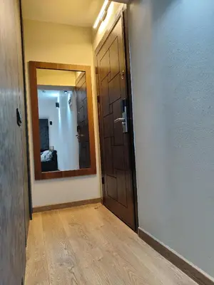 a hallway with a mirror and a wooden door at View apartment #1 in Bansko