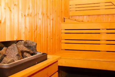 a sauna with a tray of rocks in it at Семеен хотел Света Марина in Dobrinishte