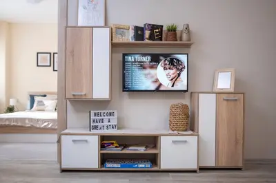 a living room with a book shelf and a tv at Cozy home next to Aliosha - Boho Stay in the heart of Plovdiv in Plovdiv