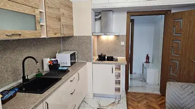 a kitchen with a sink and a microwave at Urban Comfort 1BR near South Park with Balcony in Sofia