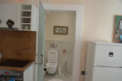 a small bathroom with a toilet and a refrigerator at Artistic loft with AMAZING VIEW in Plovdiv