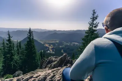 a person sitting on top of a mountain looking at the valley at Вила Форте Villa Forte in Pamporovo