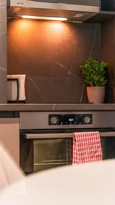 a kitchen with an oven with a pot of plants at Urban Exec Suite with Free Gym Pass, Full Office Setup and Designated Parking Space in Plovdiv