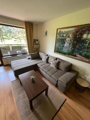 a living room with a couch and a table at The Nature View Suite, part of Terra Complex & Spa in Bansko