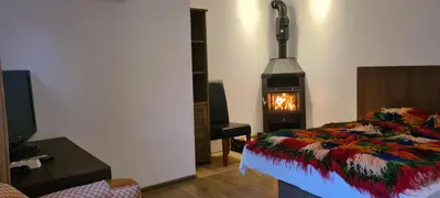 a bedroom with a bed and a fire place at стаи за гости Никол in Starosel