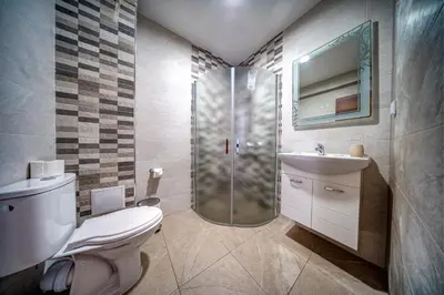 a bathroom with a shower and a toilet and a sink at VALEMO Apart House in Devin