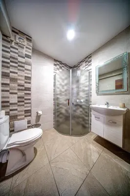a bathroom with a shower and a toilet and a sink at VALEMO Apart House in Devin