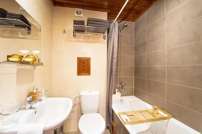 a bathroom with a toilet and a sink and a tub at Best Mountain View Chalet in Bansko