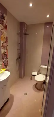 a bathroom with a toilet and a sink and a shower at Къща за гости Джамбазови in Sarnitsa