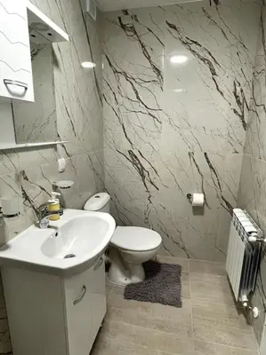 a bathroom with a white sink and a toilet at Katerina Apartments in Velingrad
