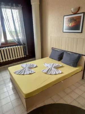 a bedroom with a bed with two pillows on it at ТРАКАРТ-ПАРК in Plovdiv