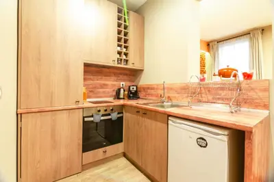 a kitchen with wooden cabinets and a sink and a dishwasher at 1 BR Wine Journey in Sofia