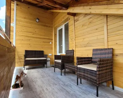 a porch with chairs and a cat sitting on the floor at Вила Виктория in Chekhlare