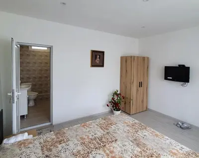 a room with a bed and a television and a door at Вила Виктория in Chekhlare