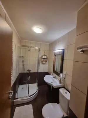 a bathroom with a shower and a toilet and a sink at Grand resort luxury apartment in Pamporovo