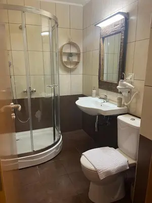 a bathroom with a shower and a toilet and a sink at Grand resort luxury apartment in Pamporovo