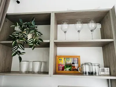 a kitchen shelf with wine glasses and a potted plant at Classic Modern Apartment with Parking Place in Sofia