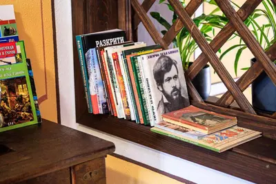 a bunch of books sitting on a shelf at Къща ЕТНО in Koprivshtitsa