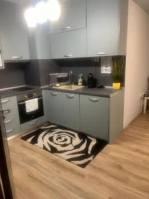 a kitchen with a zebra rug on the floor at Guest House Amaya Med in Plovdiv