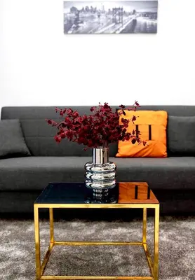 a vase with red flowers on a table in front of a couch at Top Central Apartment & Free Parking in Sofia