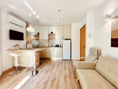 a kitchen and living room with a couch and a table at Apart-Hotels-Sofia, AHS in Sofia