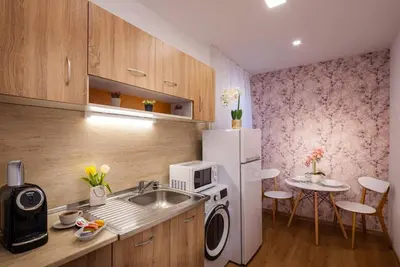 a kitchen with a sink and a white refrigerator at Free Parkingand Relax in Sofia