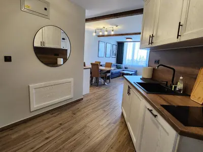 a kitchen and living room with a sink and a mirror at Pine & Wine Bathtub Apartment in Pamporovo