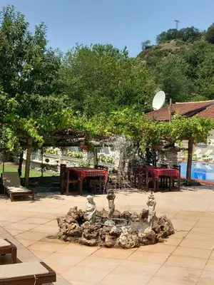 a fountain in the middle of a patio with trees at Парк - Хотел Макензен in Melnik