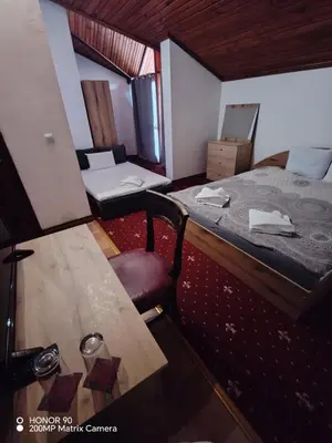 a room with a bed and a table and a chair at Парк - Хотел Макензен in Melnik