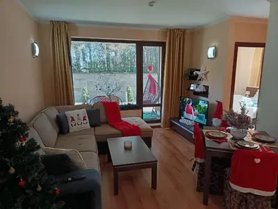 a living room with a christmas tree and a couch at Terra complex -D6 - Balkan private apartment-Spa Sking Golf and Relax in Razlog
