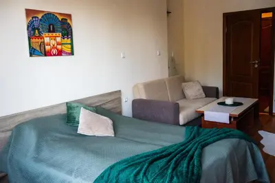 a living room with a bed and a couch at Sunny studio in Pamporovo in Pamporovo