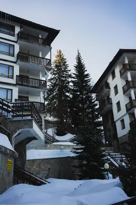 a building with snow on the ground next to trees at Sunny studio in Pamporovo in Pamporovo
