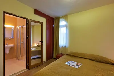 a bedroom with a bed and a bathroom with a sink at Forest Nook Villas in Pamporovo