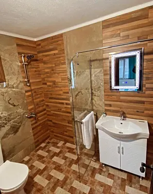a bathroom with a shower and a sink and a toilet at Rooms in Leshten in Leshten