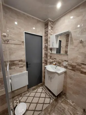 a bathroom with a toilet and a sink and a mirror at Familia Apartments in Samokov