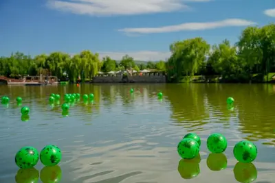 a pond with green balls in the water at The Wind Mills Hydropark in Gorna Malina