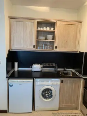 a kitchen with a washing machine and a sink at Private Apartment Pirin Golf Club with Lake View in Razlog